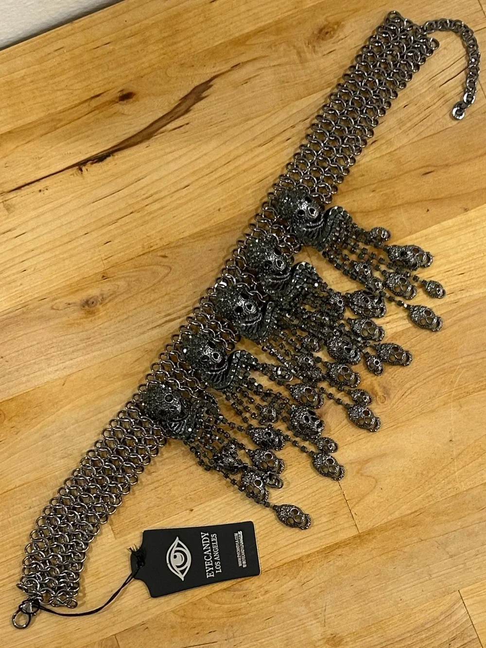Gunmetal Chainmail Gothic Skull Statement Necklace Eye Candy Los Angeles